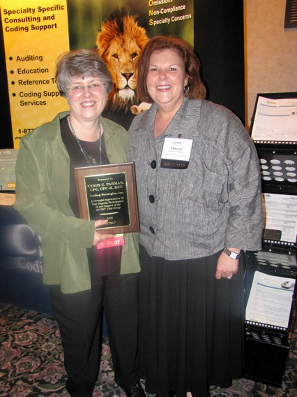 Chat Room Support Award to Cindy Parman (L) from Director Marcia Phillips